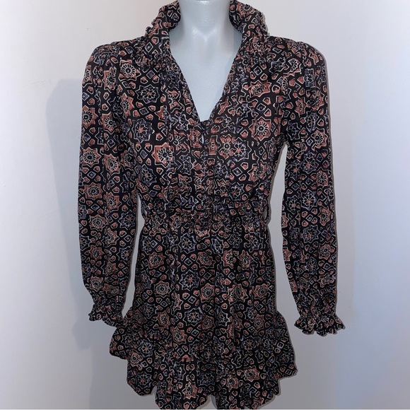 Walter Baker Dress mini ruffle multicolor cotton brown black geometric small